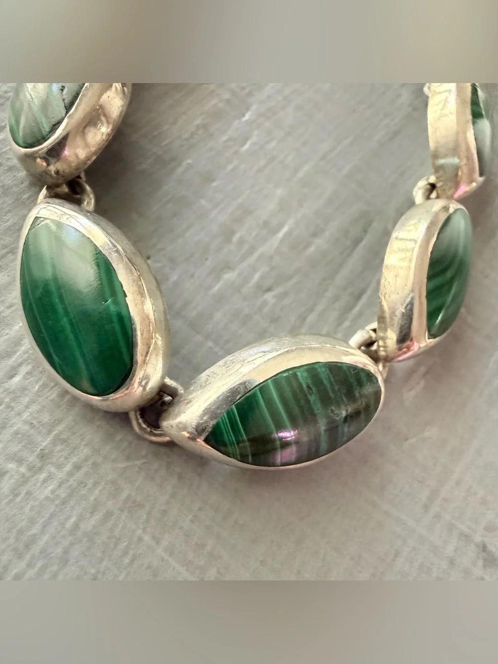 Taxco Mexico Malachite Stone Sterling Silver Chunky Bracelet
